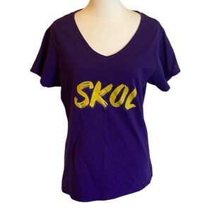 Port & Company Purple V-Neck MN Vikings with “SKOL” in Yellow Print. Size L.